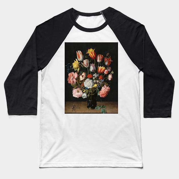 A still life of tulips, roses, bluebells, daffodils, a peony and other flowers in a glass roemer on a wooden ledge with a dragonfly by Jacob van Hulsdonck Baseball T-Shirt by Amanda1775